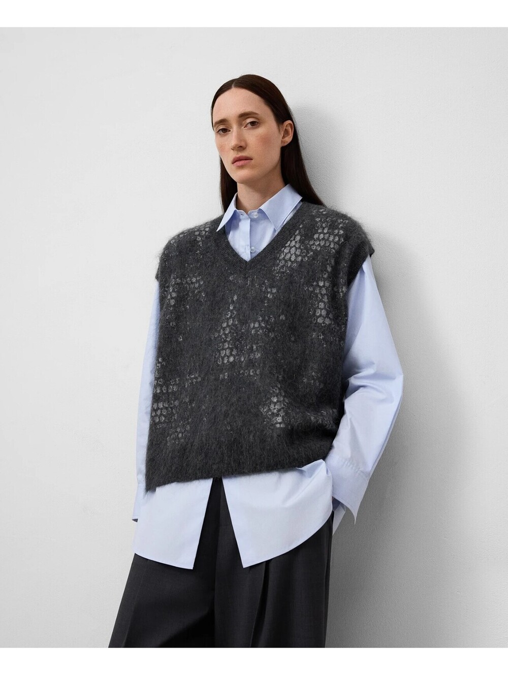 Adolfo Dominguez Gray Mohair Wool Blend Sweater Vest V-Neck Jacquard Print Large
